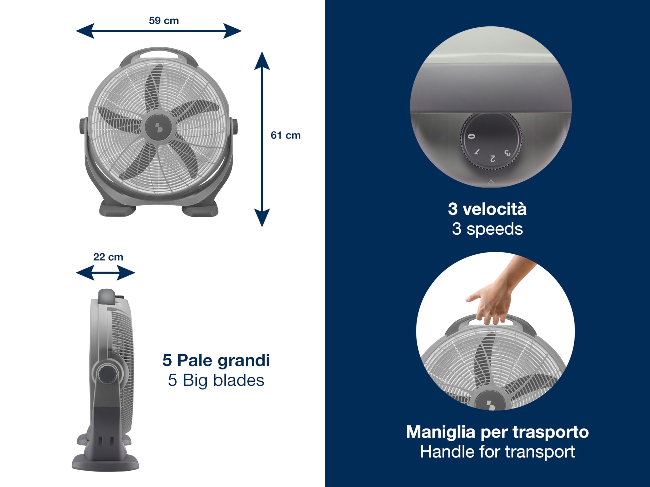 BEPER P206VEN560 wentylator podłogowy, moc 100 W, wentylator podłogowy z 5 dużymi ostrzami, 3 prędkości do wyboru, szary