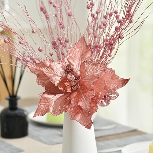 Miniatura 3 de Fule - 10 piezas de flores de Navidad grandes de 10 pulgadas, adornos de flores artificiales de terciopelo con purpurina para árbol de Navidad,