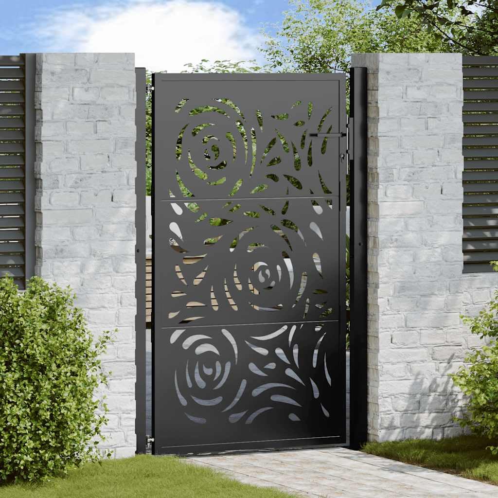 Gecheer Cancello da Giardino, Design Laser Elegante 110x155 cm in Acciaio corten Nero con Sistema di Chiusura e montanti Inclusi for Ingresso Giardino Patio vialetto