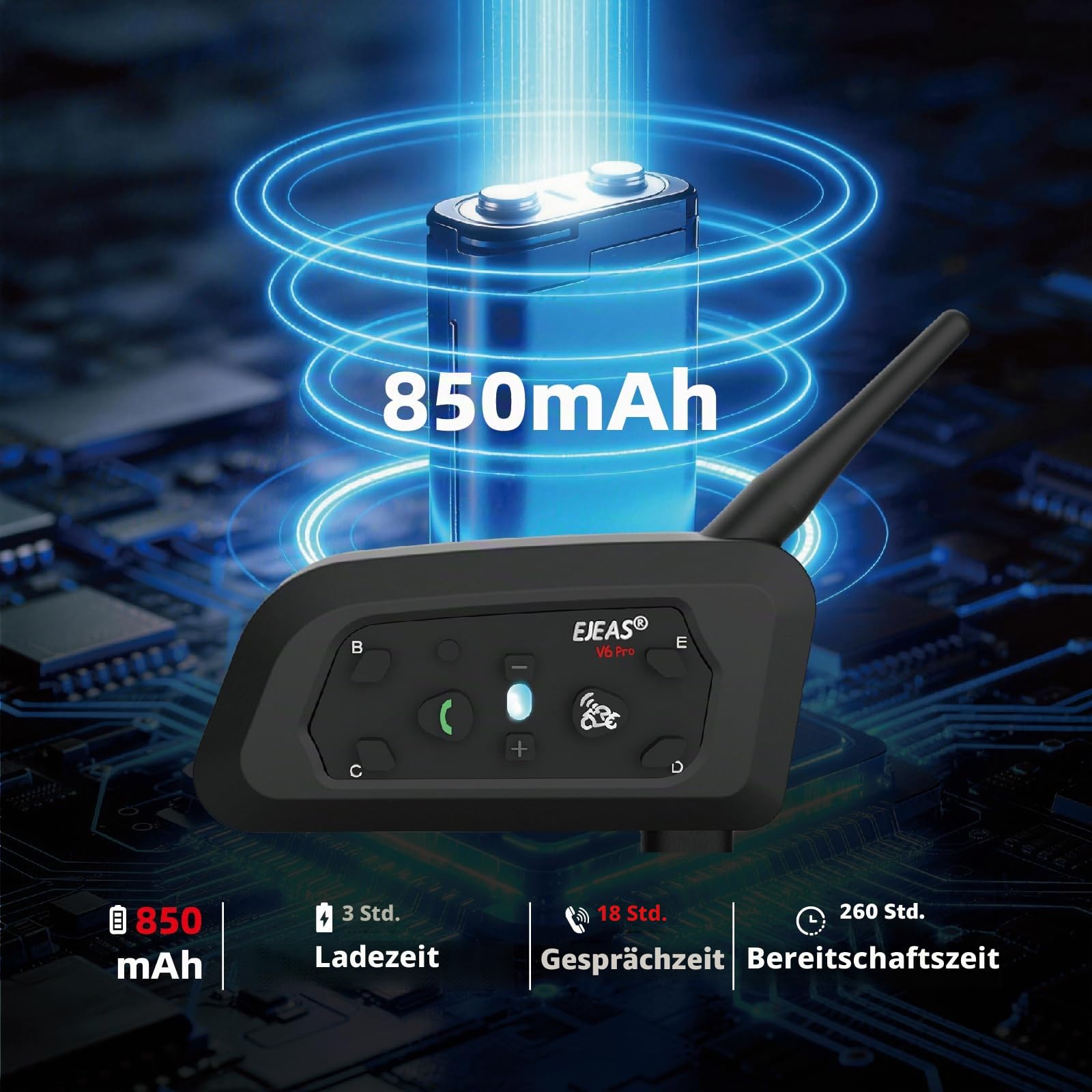 EJEAS V6 Pro+ Motorradhelm Bluetooth 5.1 Intercom Headset, V6 Pro Verbesserte Version, Ausgestattet mit Typ-C Schnittstelle (2 Packung)