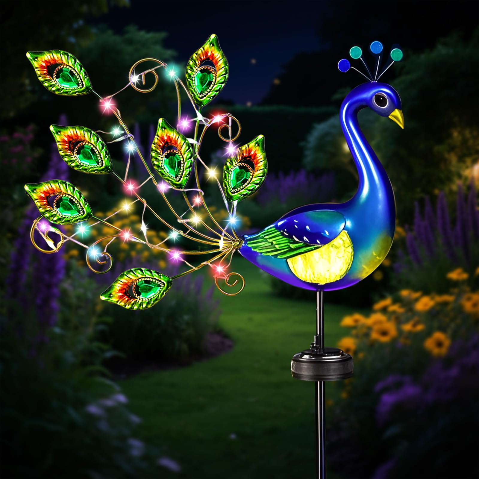IWTBNOA Solarlampen für Außen Garten, Pfau Garden Solar Pfahl Lichter, Metall Pfau Gartendeko Wasserdicht, Pfau Garten Statue Metall, Gartendeko Draußen Pfau für Terrasse Patio Hof Wege Dekorationen
