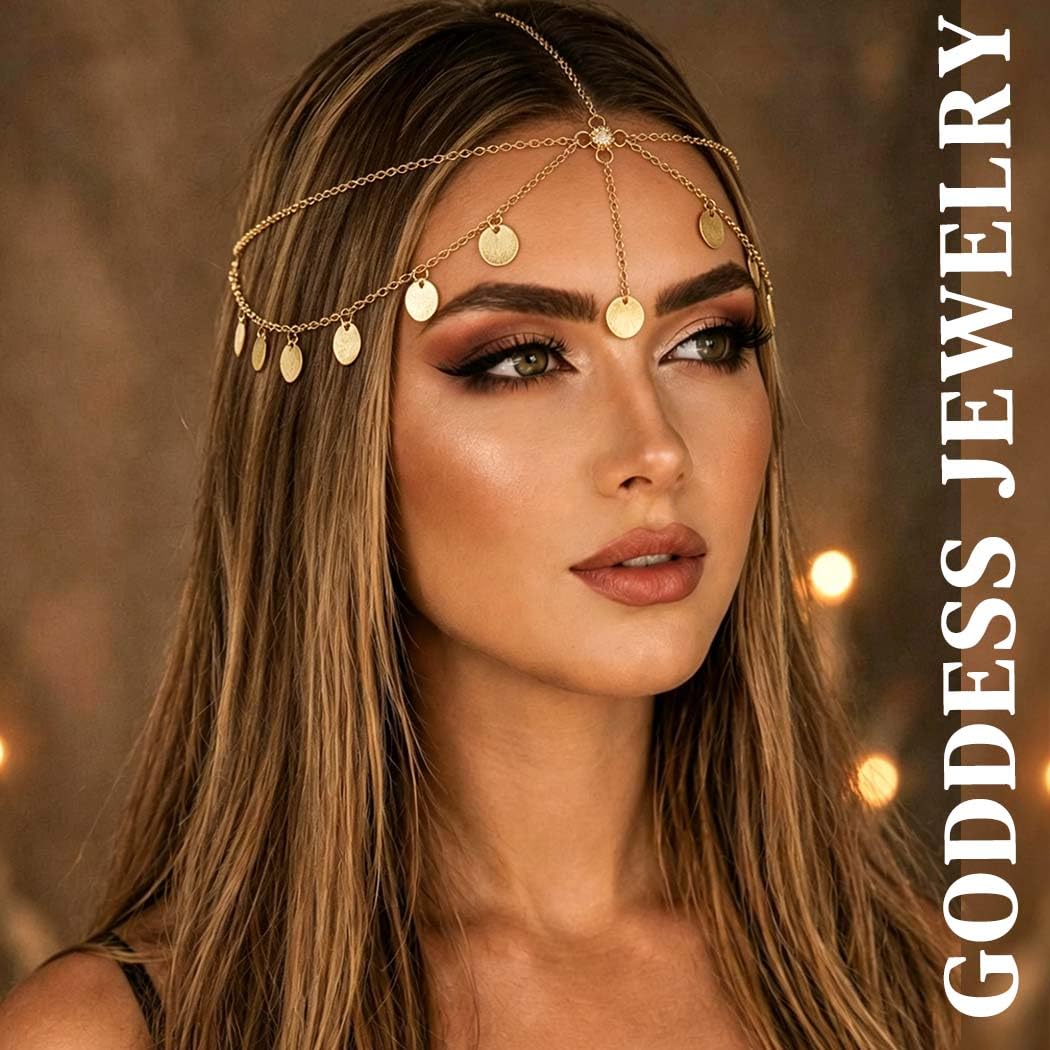 Yalice Gold Sequins Layered Head Chain for Women Indian Bollywood Forehead Headpiece Bridal Wedding Festival Boho Hair Jewelry (Gold-G)