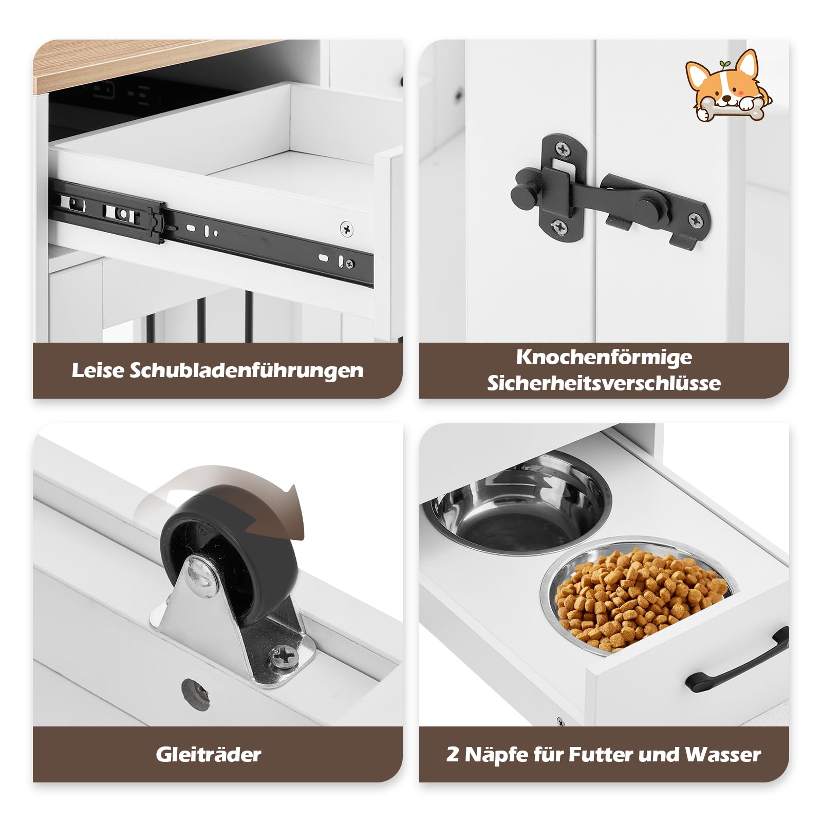TUKAILAI Hundekäfig Möbel mit Schublade, Futterstation mit Rädern, Robuste Hundebox für kleine, mittelgroße und große, Zuhause Indoor, 116 x 55 x 86 cm