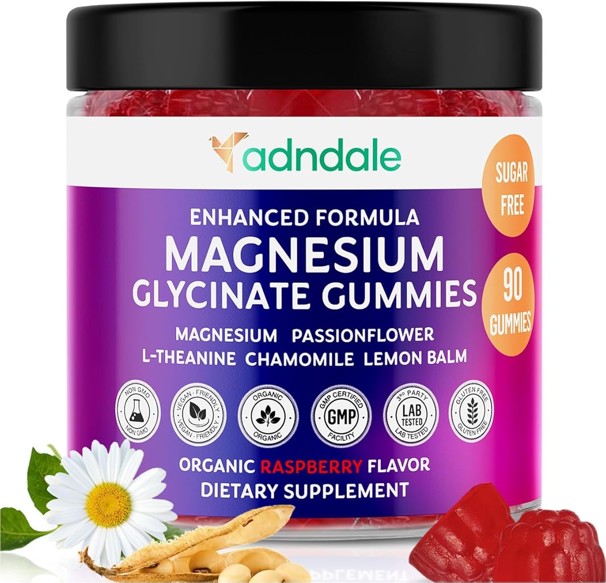 Adndale 90CT Magnesium Glycinate Gummies. Sugar Free Chews for Adults & Kids. Raspberry Flavour