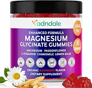 Adndale 90CT Magnesium Glycinate Gummies. Sugar Free Chews for Adults & Kids. Raspberry Flavour