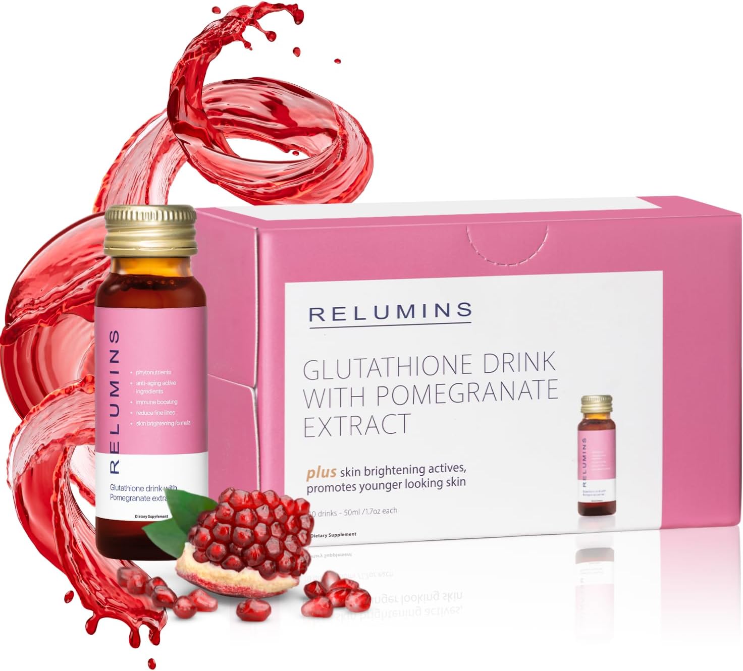 Beauty Glutathione Drink- Helps Reduce Visibility of Dark Spots, Brightens and Firms Skin, Boosts Skin Collagen Content, Increases Skin Moisture - Pomegranate Flavor Ten 50mL Drinks