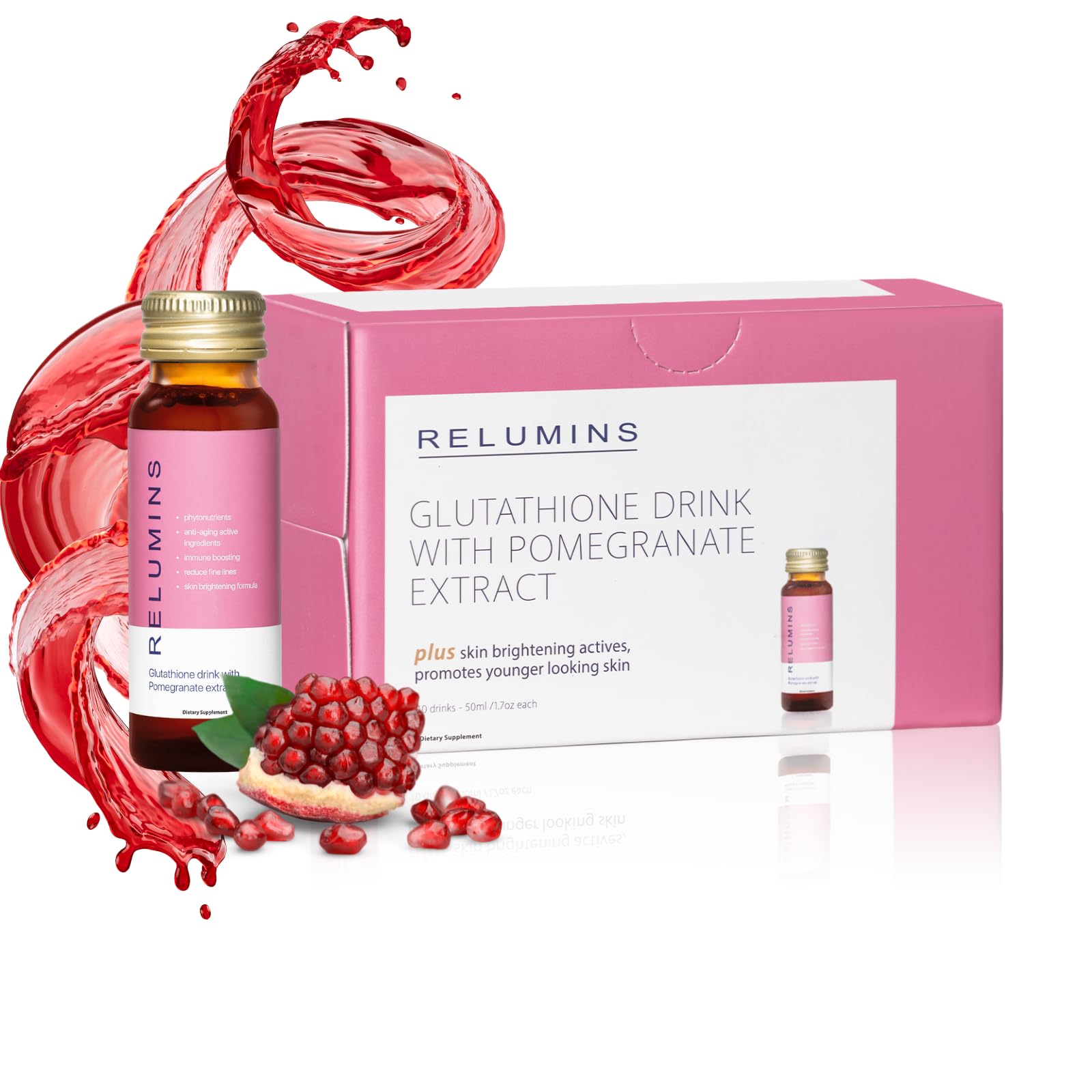 Relumins Beauty Glutathione Drink- Helps Reduce Visibility of Dark Spots, Brightens and Firms Skin, Boosts Skin Collagen Content, Increases Skin Moisture - Pomegranate Flavor Ten 50mL Drinks