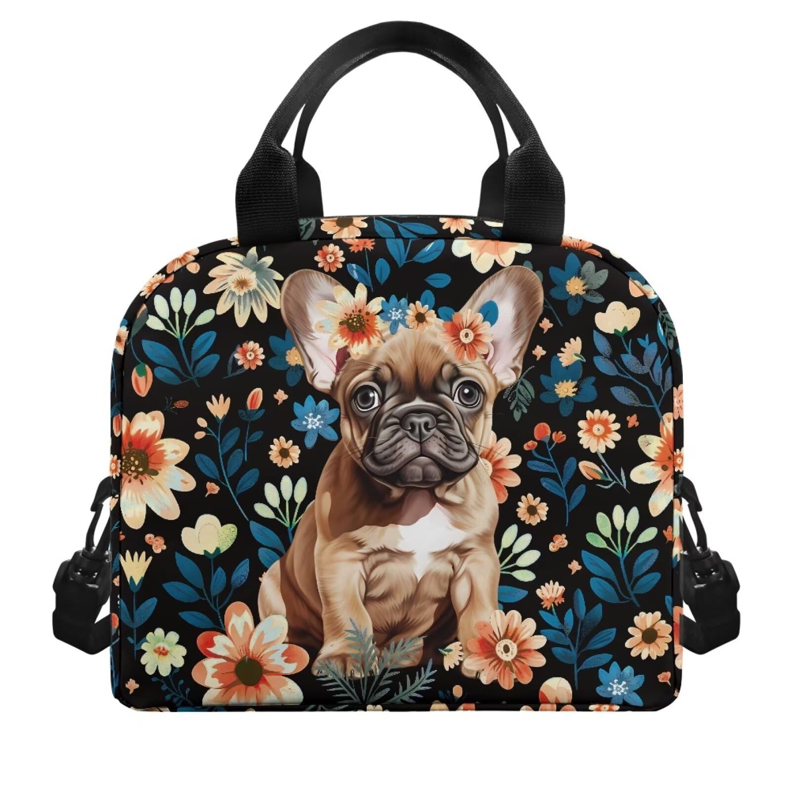 PCSJRKG French Bulldog Lunch Bag Lunch Box with Floral Print for Boys Teens, Insulated Lunch Tote Bag for Women, Reusable Lunch Holder Suitable for