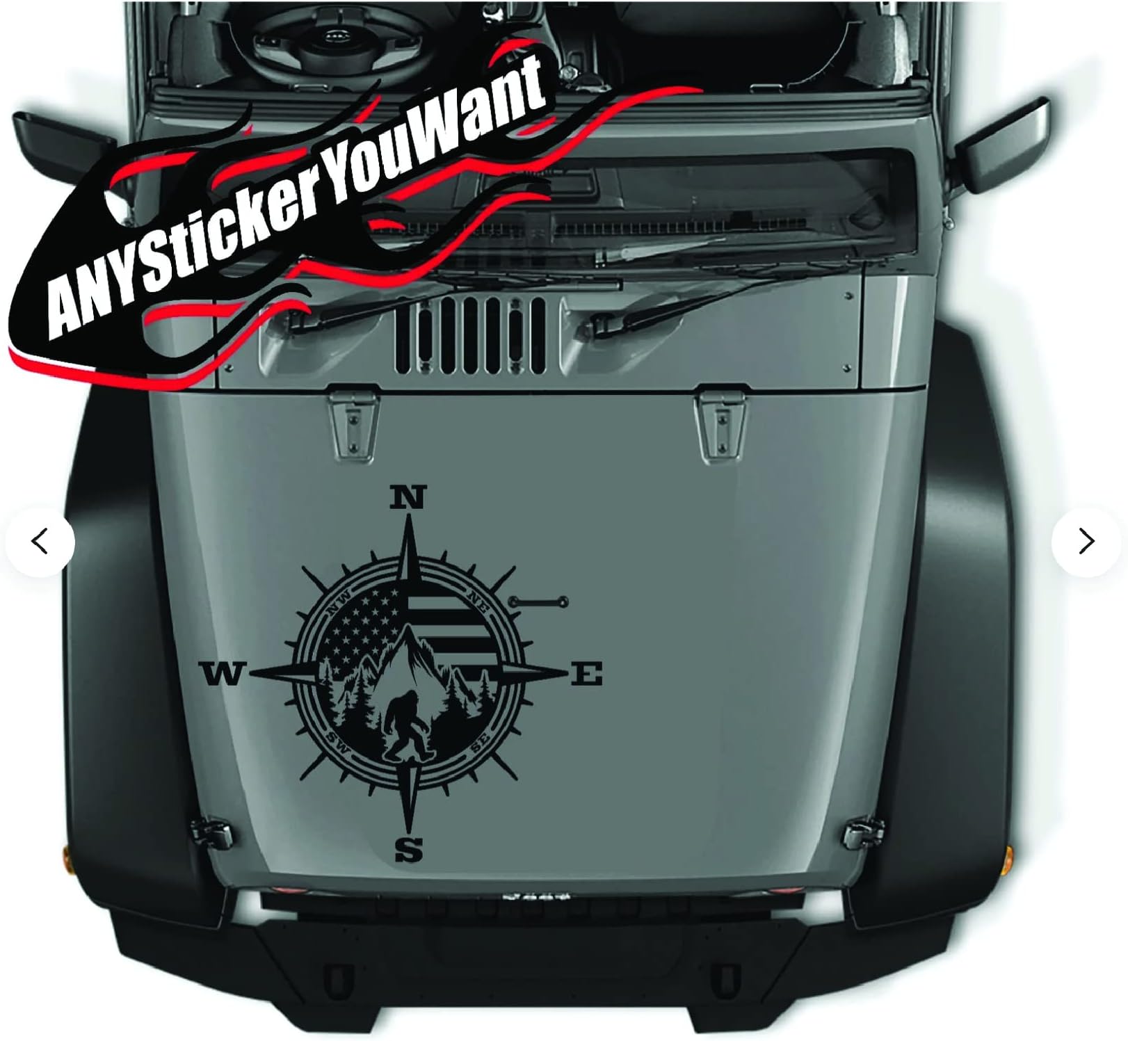 AnyStickerYouWant - Bigfoot Sasquatch & Mountains USA Flag Vinyl Sticker Hood Decal Compatible with and Fits Jeep Wrangler (Any Color You Want)