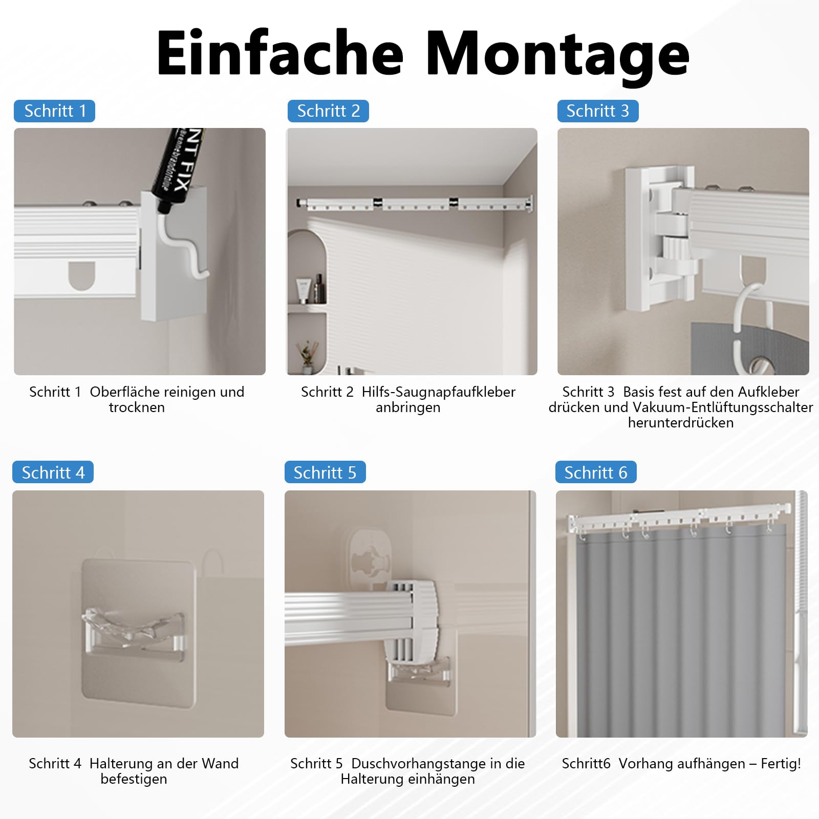 Klappbare Eckduschstange mit Saugnäpfen, kein Bohren erforderlich, platzsparende und strapazierfähige Lösung für das Badezimmer, inklusive weißem Duschvorhang (180 x 200 cm) und Gleit-Haken Weiß