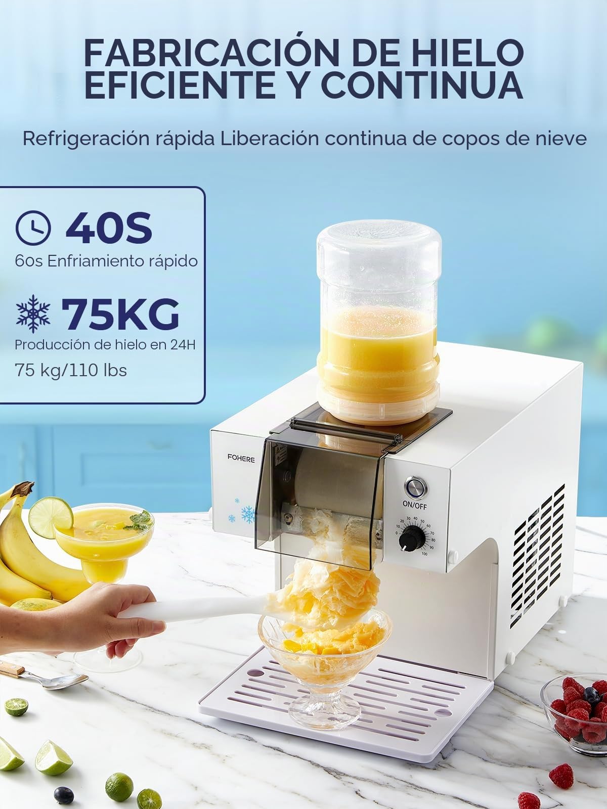 Máquina de hielo Snowflake, 60 kg/24 h, velocidad ajustable, enfriamiento rápido, para cócteles helados, batidos y zumos congelados.