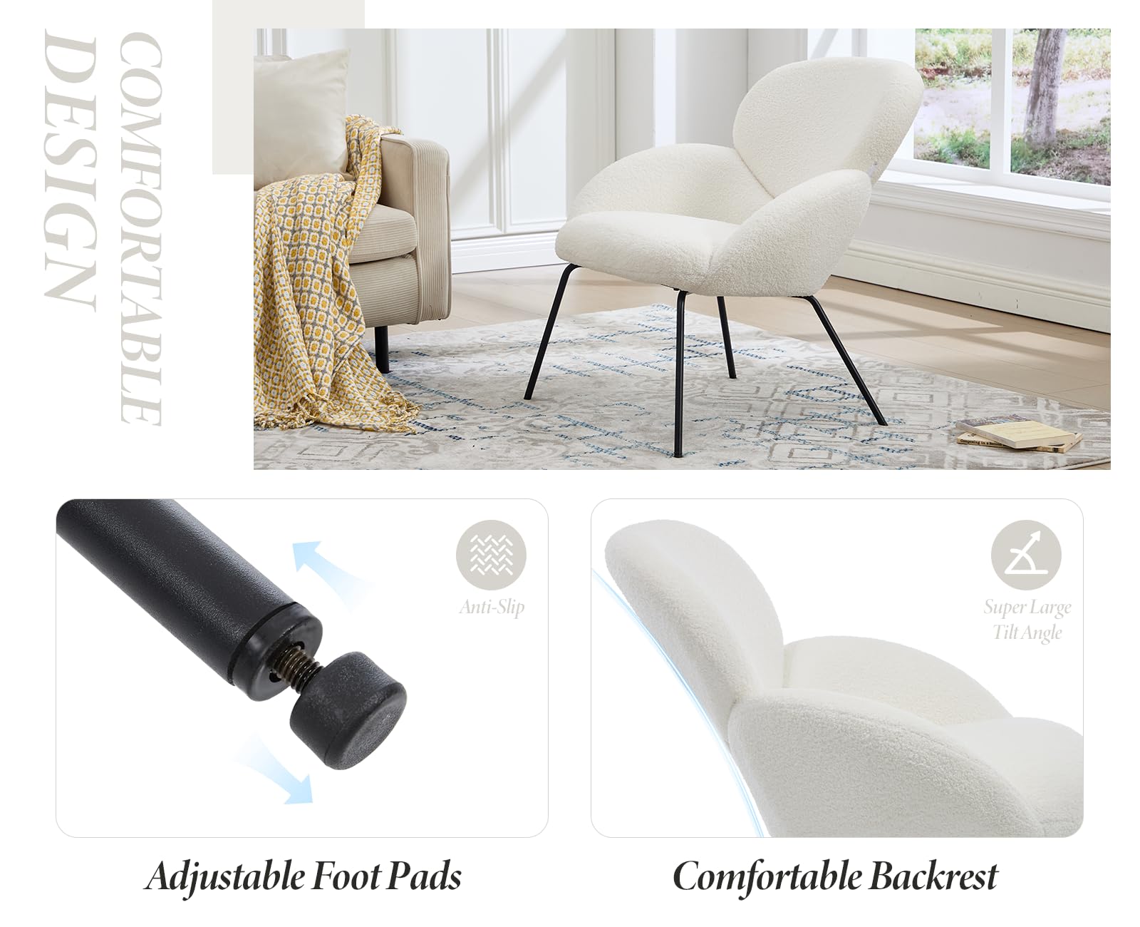 chairus Poltrona da Salotto Moderna Design Poltroncina in Pelliccia, Bianco | Poltrona Relax con Gambe in Metallo Poltrona Imbottita per Soggiorno/Camera da Letto/Relax