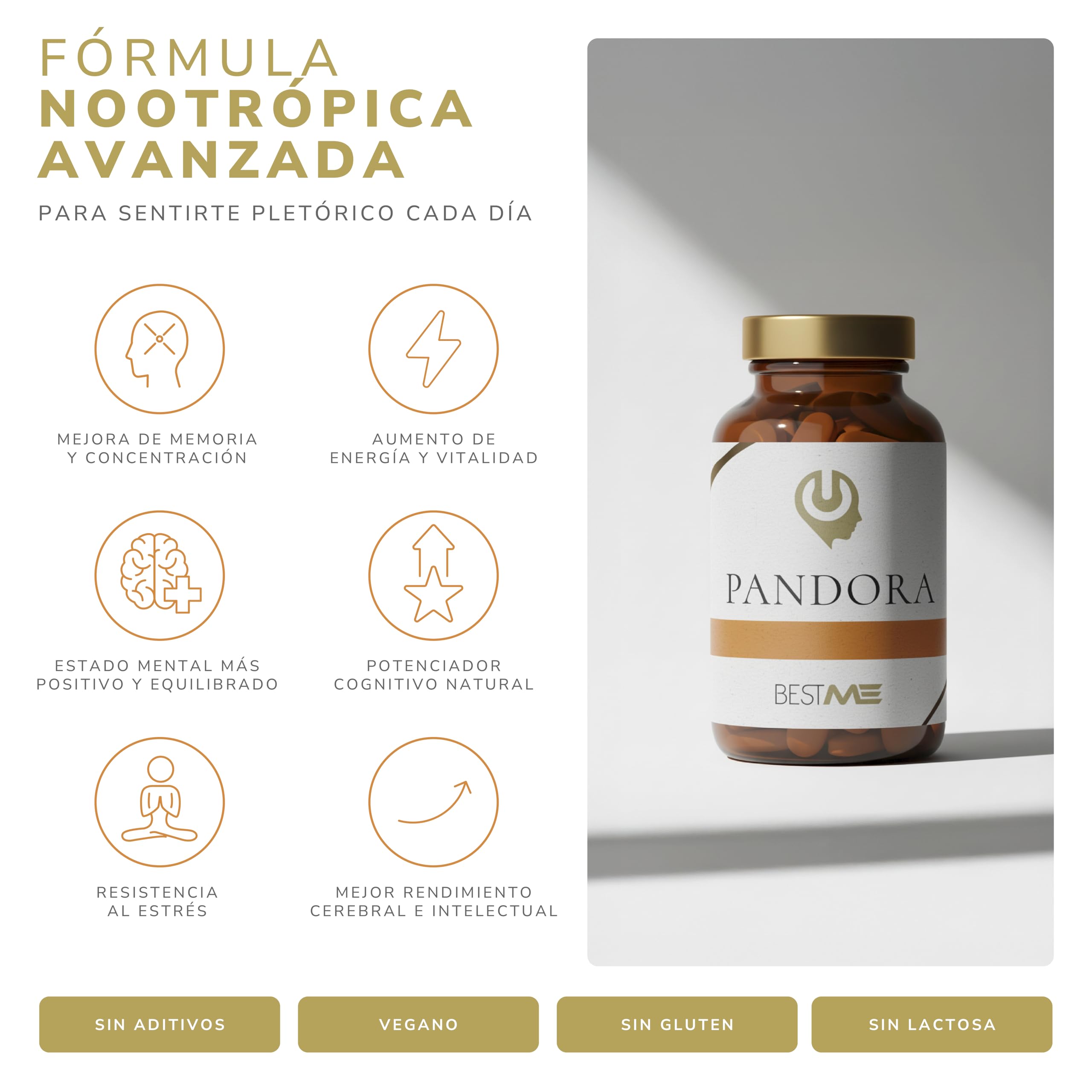 BESTME - Nootrópico Natural 9 en 1, Memoria, Concentración, Energía, Agilidad Mental | Ginkgo Biloba, Melena de León, Bacopa Monnieri, Cafeína, L-Teanina, Vitaminas B12/B6/B2-30 Cáps 800 mg (Pandora)