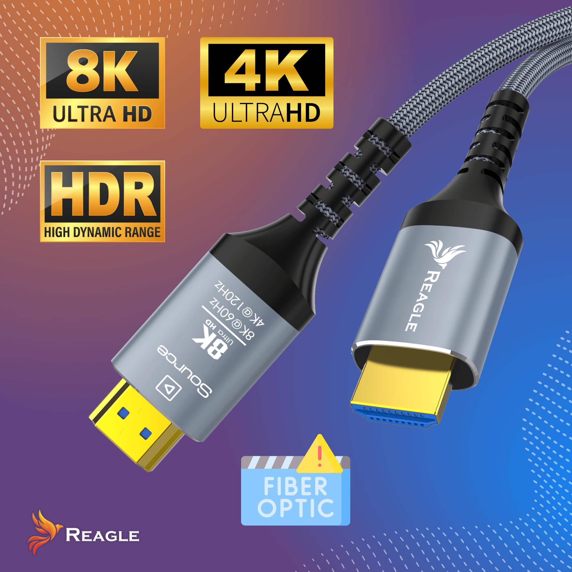 Reagle Cavo HDMI 2.1 Ottico AOC 10 m, Cavo in Fibra Ottica 48 Gbps, 8K@60Hz, 4K@144Hz/120Hz, Dynamic HDR, eARC, VRR, Compatibile con PS5, Xbox Series X/S, TV, Proiettore e PC, Unidirezionale