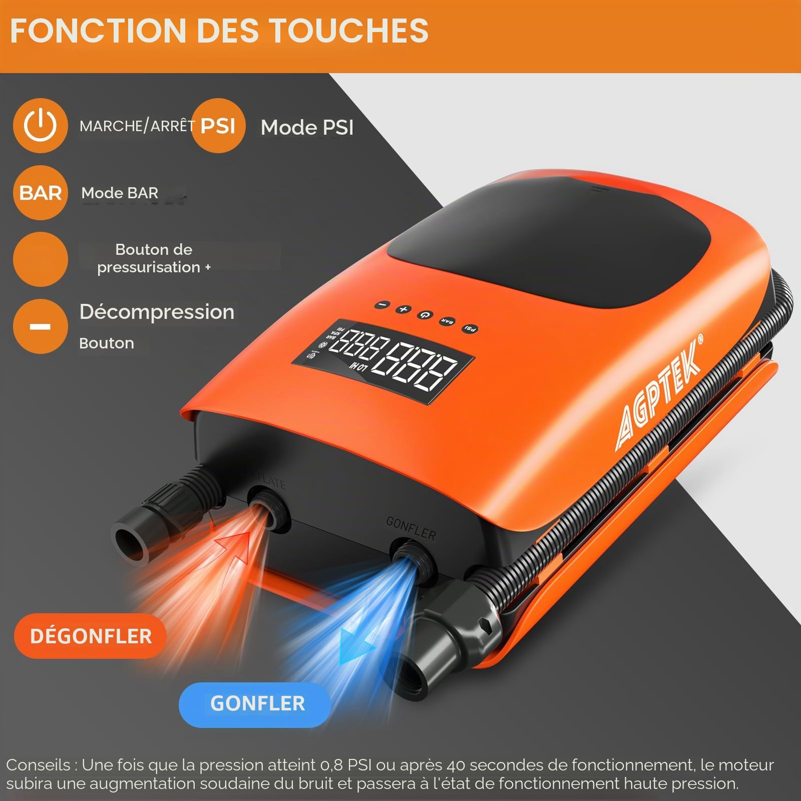 AGPTEK Pompe à air Rechargeable Auto-Off, 22 PSI 12 V Pompe à air électrique numérique, Pompe Portable pour Paddleboard Gonflable, Matelas, Piscine Gonflable, tentes et Bateaux gonflables