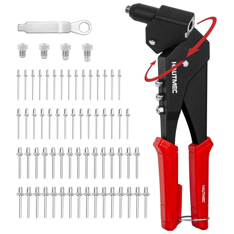 Kit de Rebitador Manual HAUTMEC com Cabeça Giratória 360°, 120 Rebites e 4 Bicos Intercambiáveis HTRTM25062