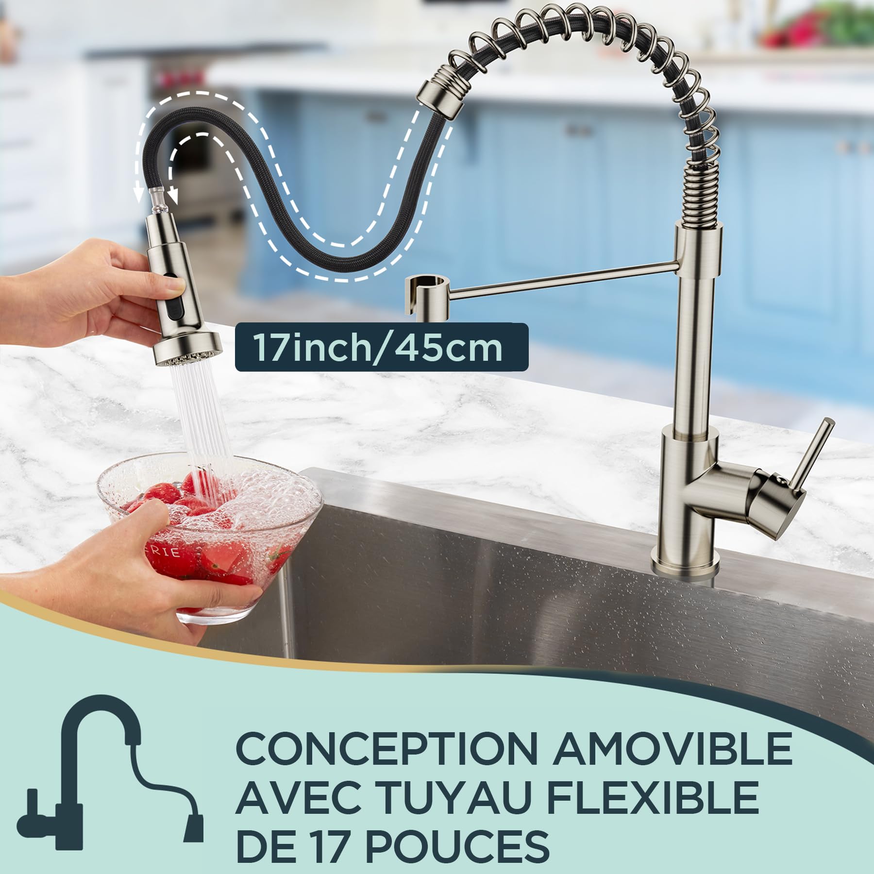 FORIOUS Robinet Cuisine, Mitigeur Cuisine avec Douchette Extractible max à 45cm, Rotation à 360° et Double Fonction de Pulvérisation, Acier Inoxydable
