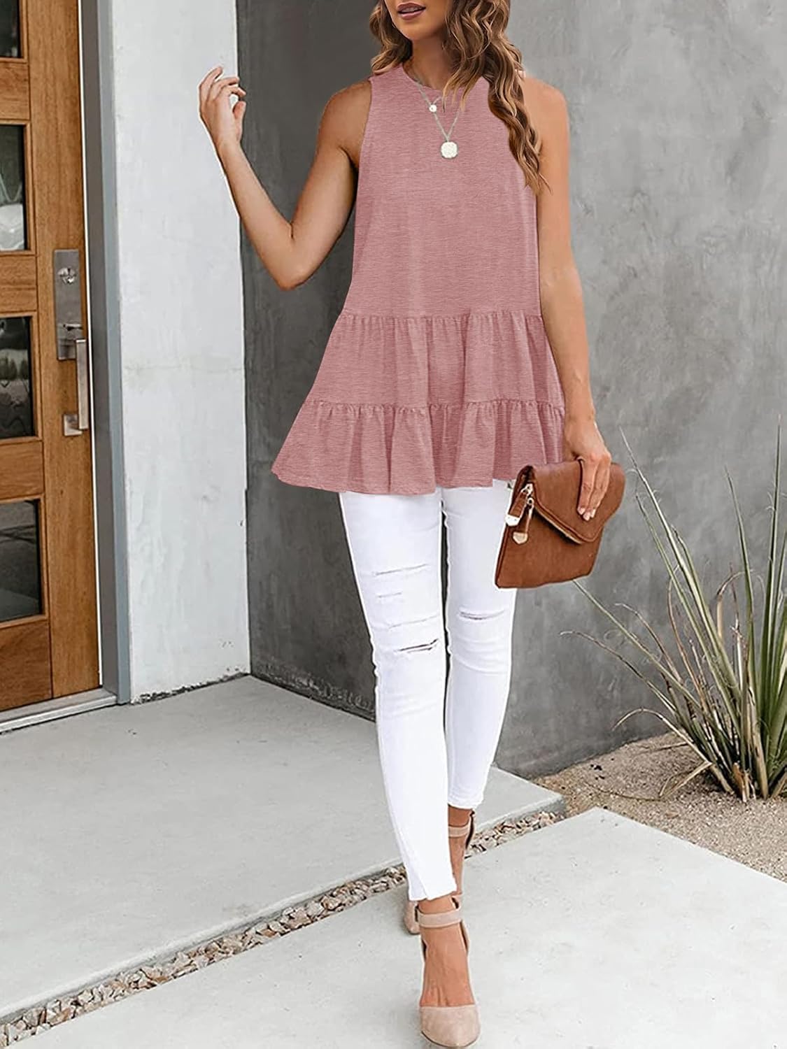 HAEOF Women's Summer Sleeveless Peplum Babydoll Tops Casual Crew Neck Flowy Loose Fit Tunic Tank Shirts Pink Medium image 2 of 5 B09WJ8W5M4