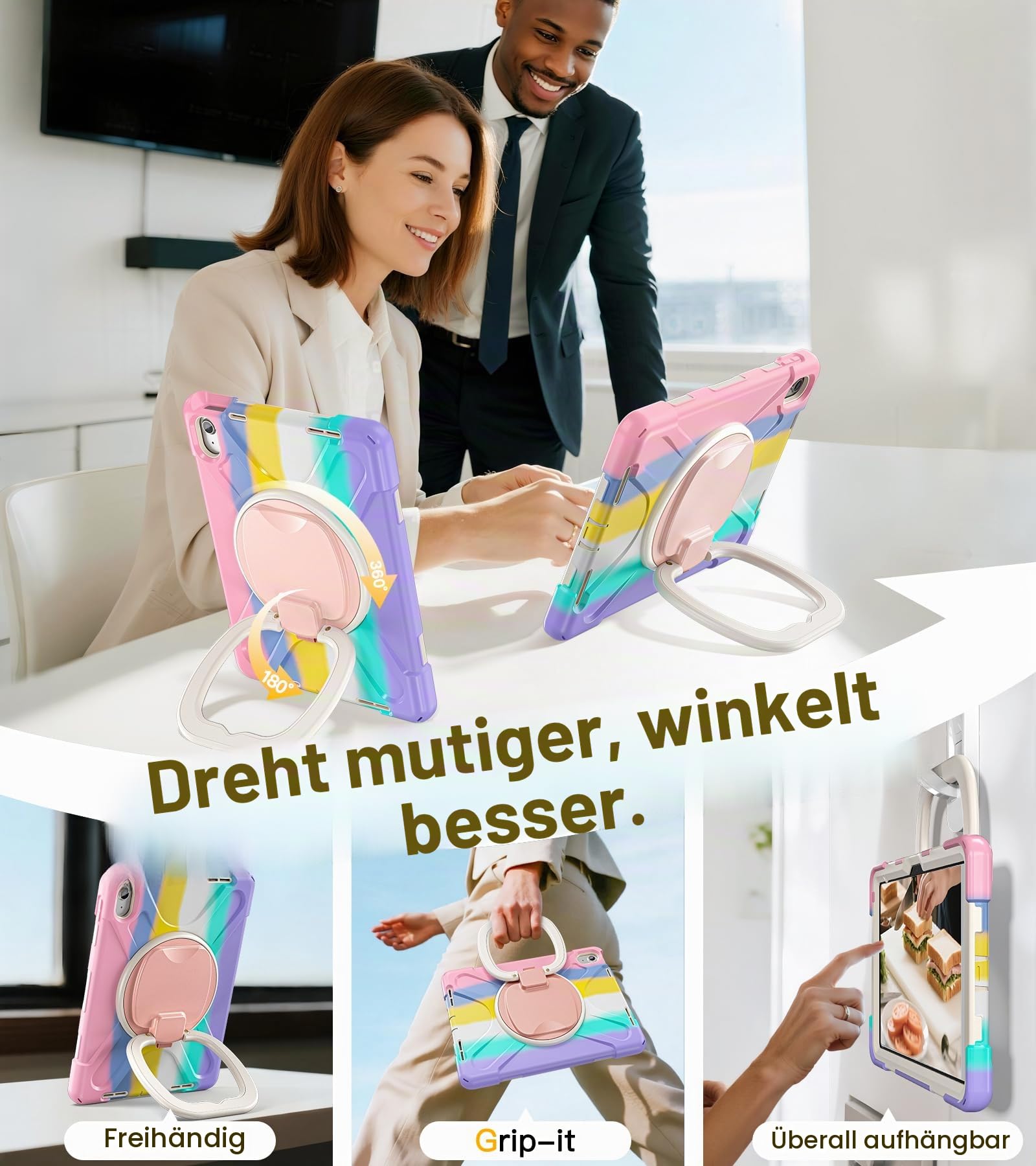 BRAECN Schutzhülle für iPad 10. Generation 2022 27.7 cm (10 Zoll) A2696 A2757 A2777, robuste Silikonhülle mit drehbarem Ringständer, stabiler Ständer, Schultergurt, Displayschutzfolie, buntes Pink