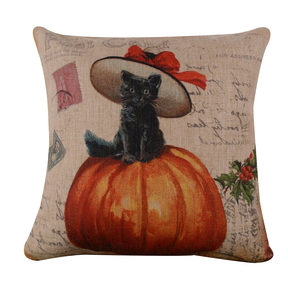 Retro Black Cat Pillow Cover for Halloween Decoration Siting on The Pumpkin Burlap Cushion Covers Pillow Case 18x18 inches CC833