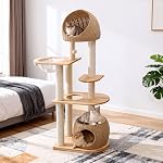 Arbre de chat en bois pour les grands chats, Tour de chat multi-niveau avec poste de scratching, Tour d'arbre de chat moderne pour les chats intérieurs avec panier tissé à la main et condo, facile à nettoyer