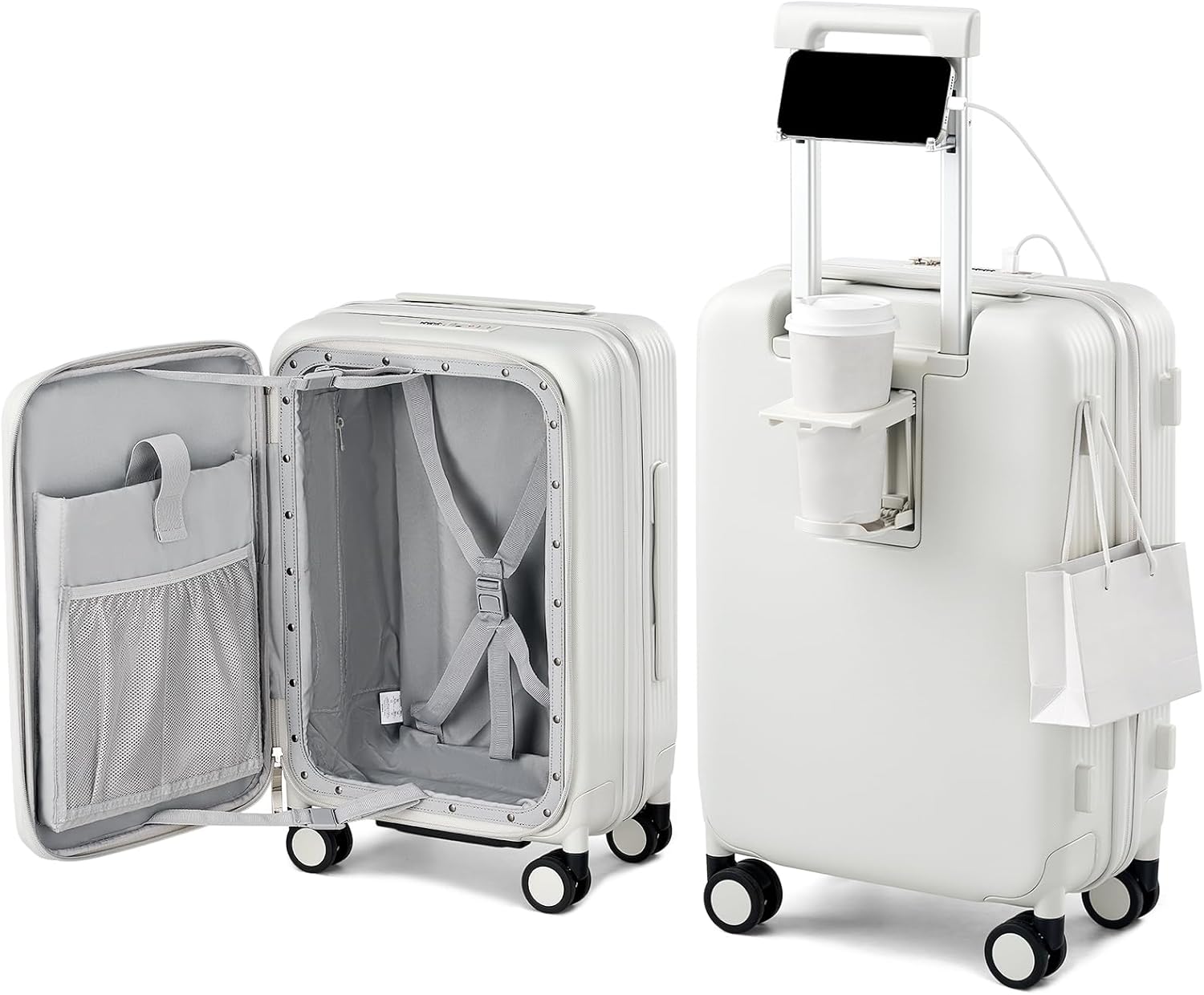 Hanke 20 Inch Expandable Carry On Luggage Airline Approved Top Opening Travel Luggage Rolling Suitcase with Cup Holder Hard Shell Suitcases with Wheels (Smoke White)