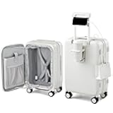 Hanke 20 Inch Expandable Carry On Luggage Airline Approved Top Opening Travel Luggage Rolling Suitcase with Cup Holder Hard Shell Suitcases with Wheels (Smoke White)