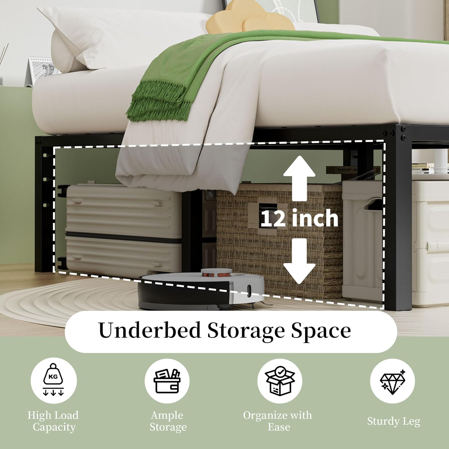 14 Inch Metal Bed Frame Queen Size, 3500lbs Heavy Duty Platform Bed Frame with Under-Bed Storage Mattress Slide Stopper, Steel Slat Support, No Box Spring Needed, Noise Free, Easy Assembly, Black