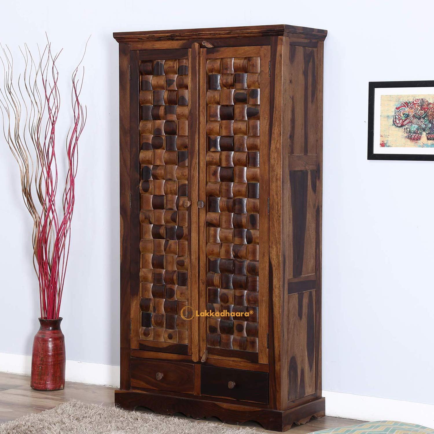 Friday Furniture Solid Wood Multipurpose Almirah Storage Wardrobe with 2 Doors for Living Room