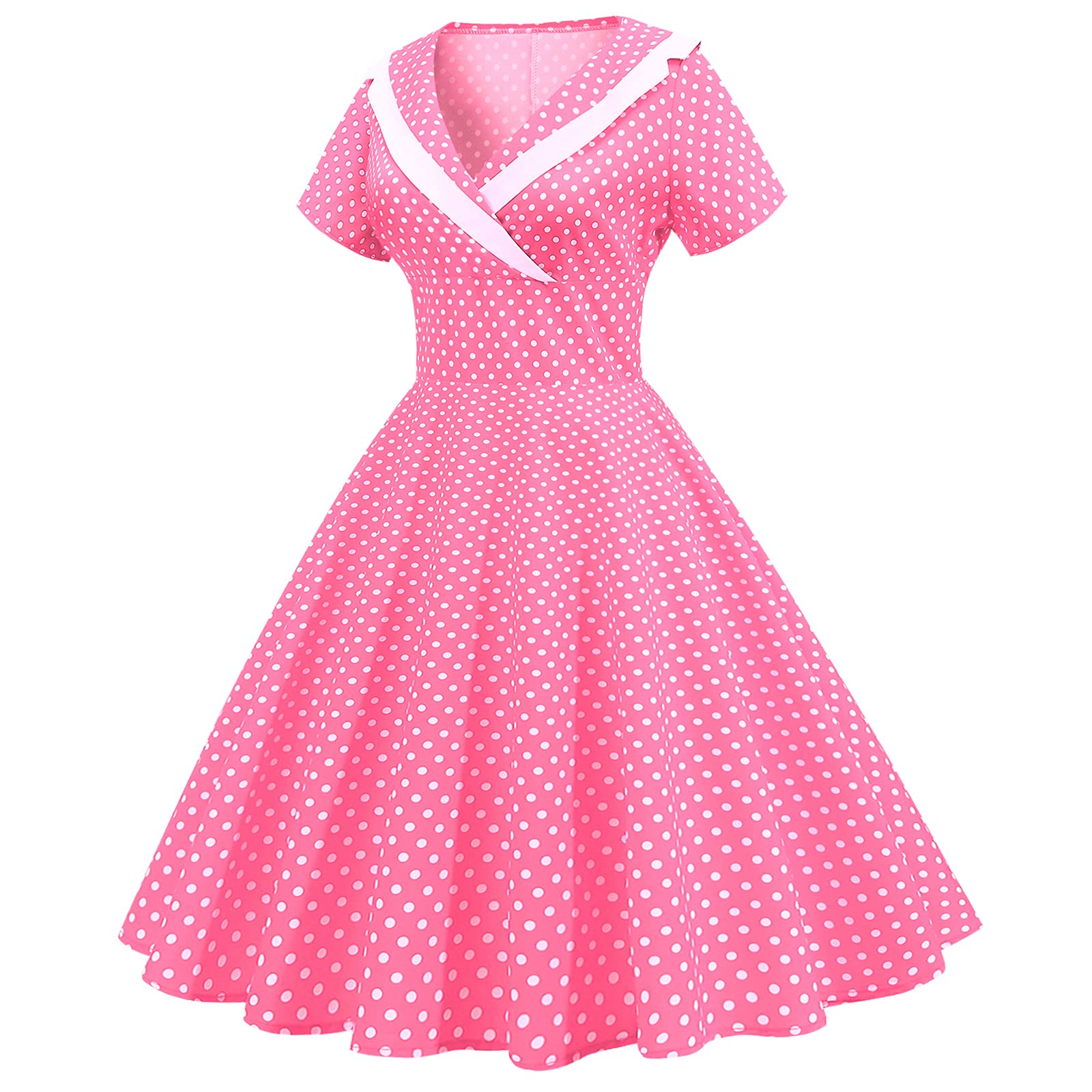 Robe de cocktail vintage à manches courtes et col en V pour femme - Style années 50 et 60 - Rockabilly - Robe midi, Rose à pois, XX-Large