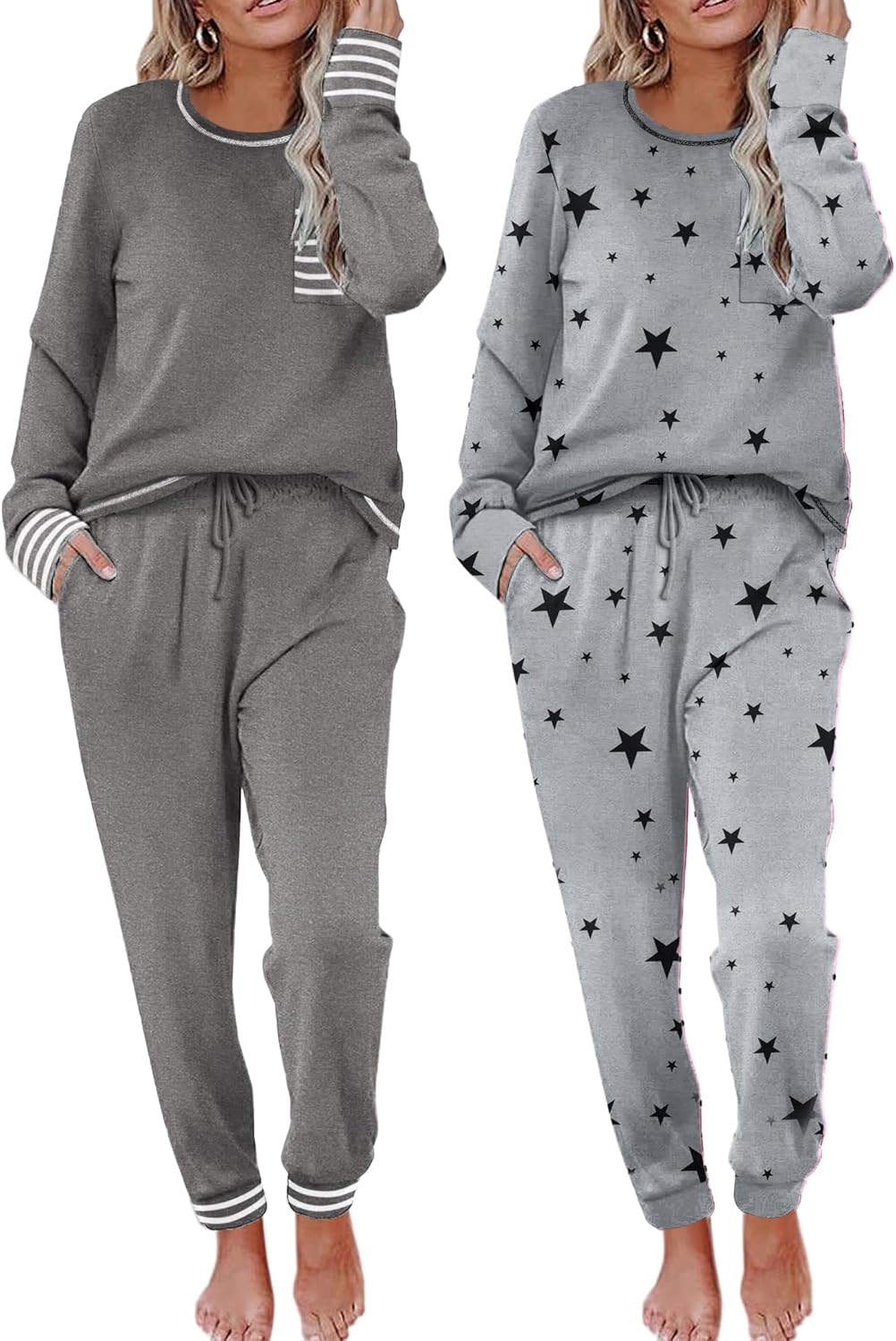 Ekouaer 2 Pack Womens Pajama Sets Long Sleeve Lounge Sets Soft Pj Sleepwear Loungewear