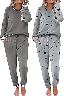 Ekouaer 2 Pack Womens Pajama Sets Long Sleeve Lounge Sets Soft Pj Sleepwear Loungewear