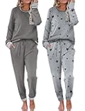 2 Pack Womens Pajama Sets Long Sleeve Lounge Sets Soft Pj Sleepwear Loungewear