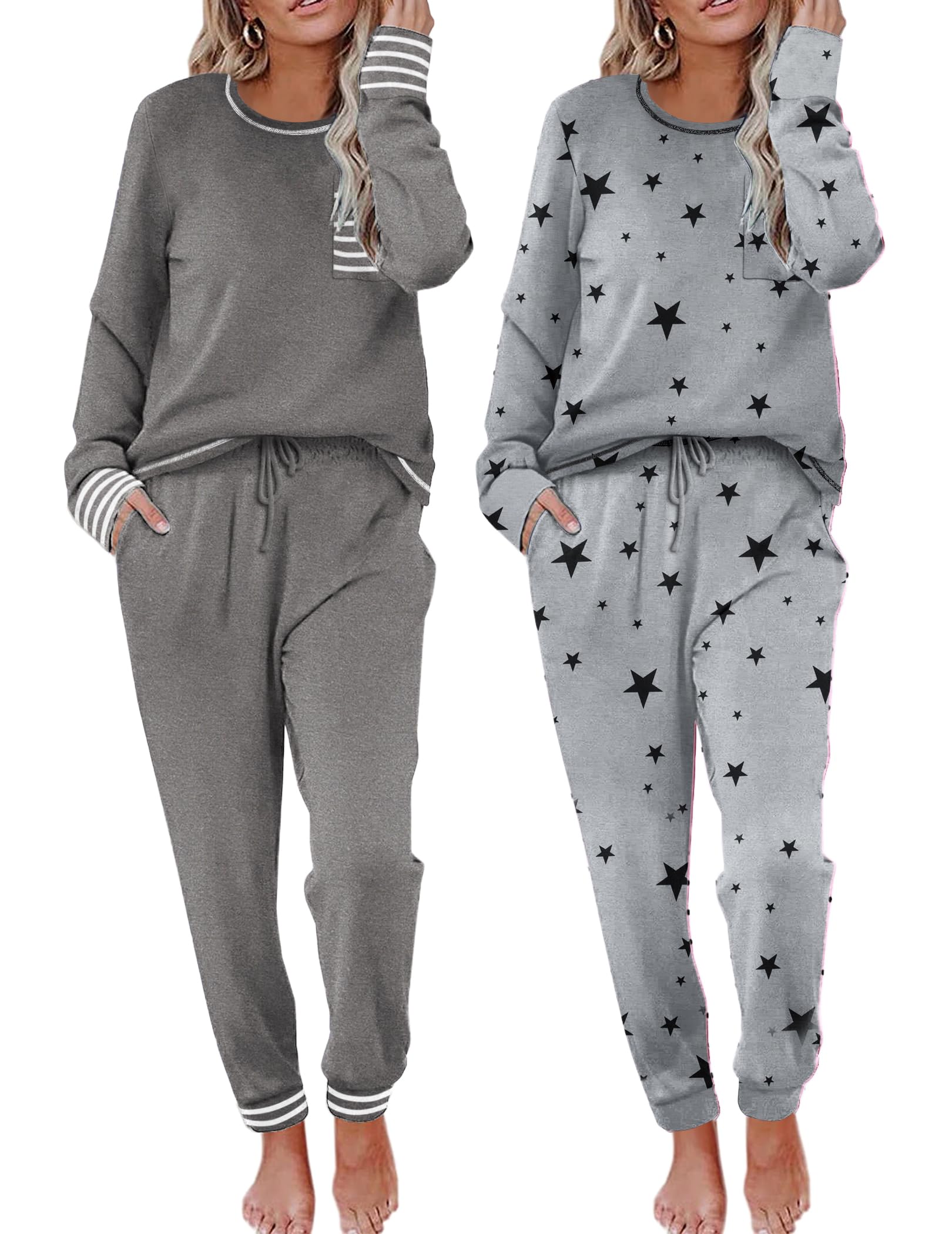 Ekouaer 2 Pack Womens Pajama Sets Long Sleeve Lounge Sets Soft Pj Loungewear Sleepwear