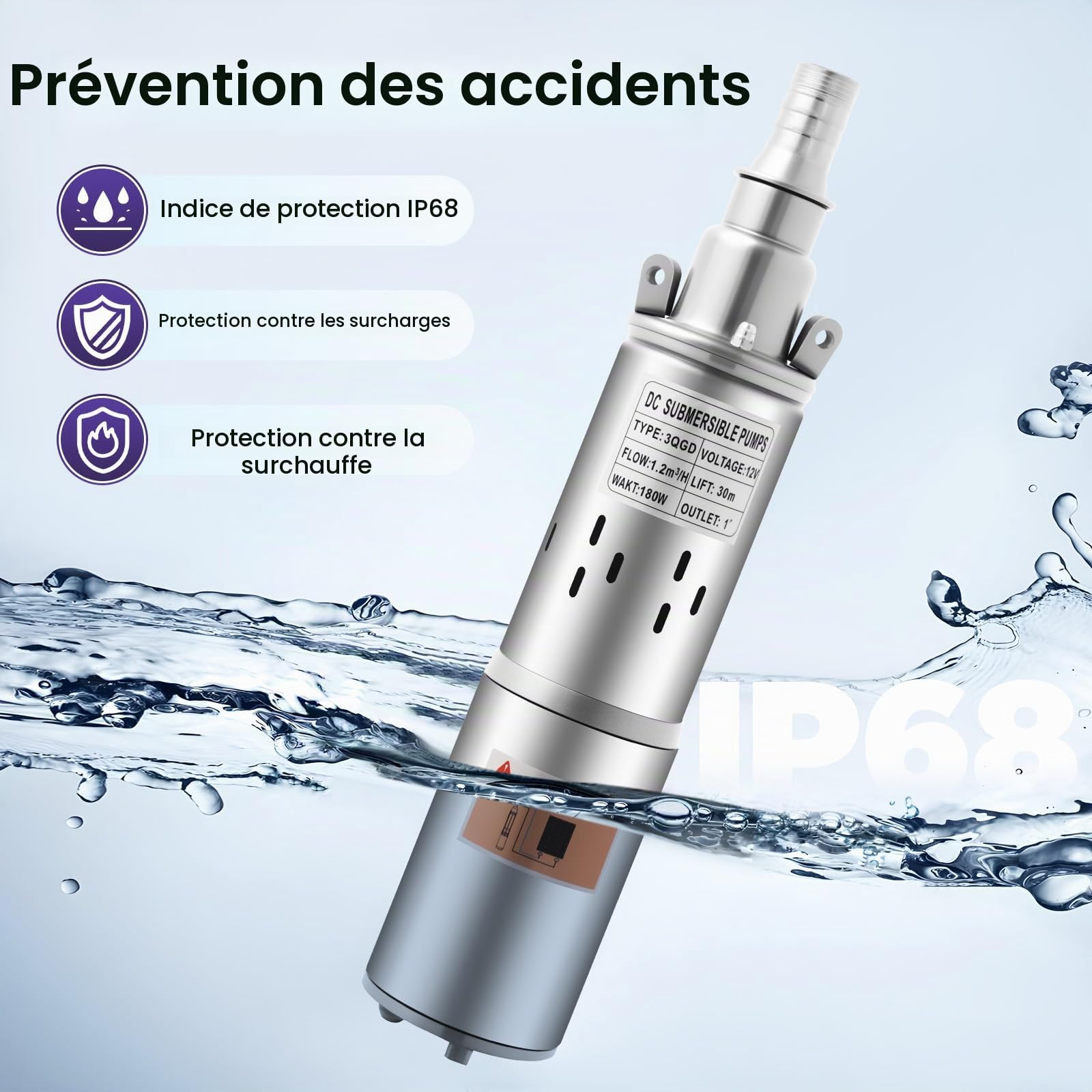 Pompe Immergée, 12V Pompe A Eau, 180W Pompe Immergée Pour Puits, Débit 1,2m³/h, Outil de Pompage pour Jardin et Irrigation (Argent)