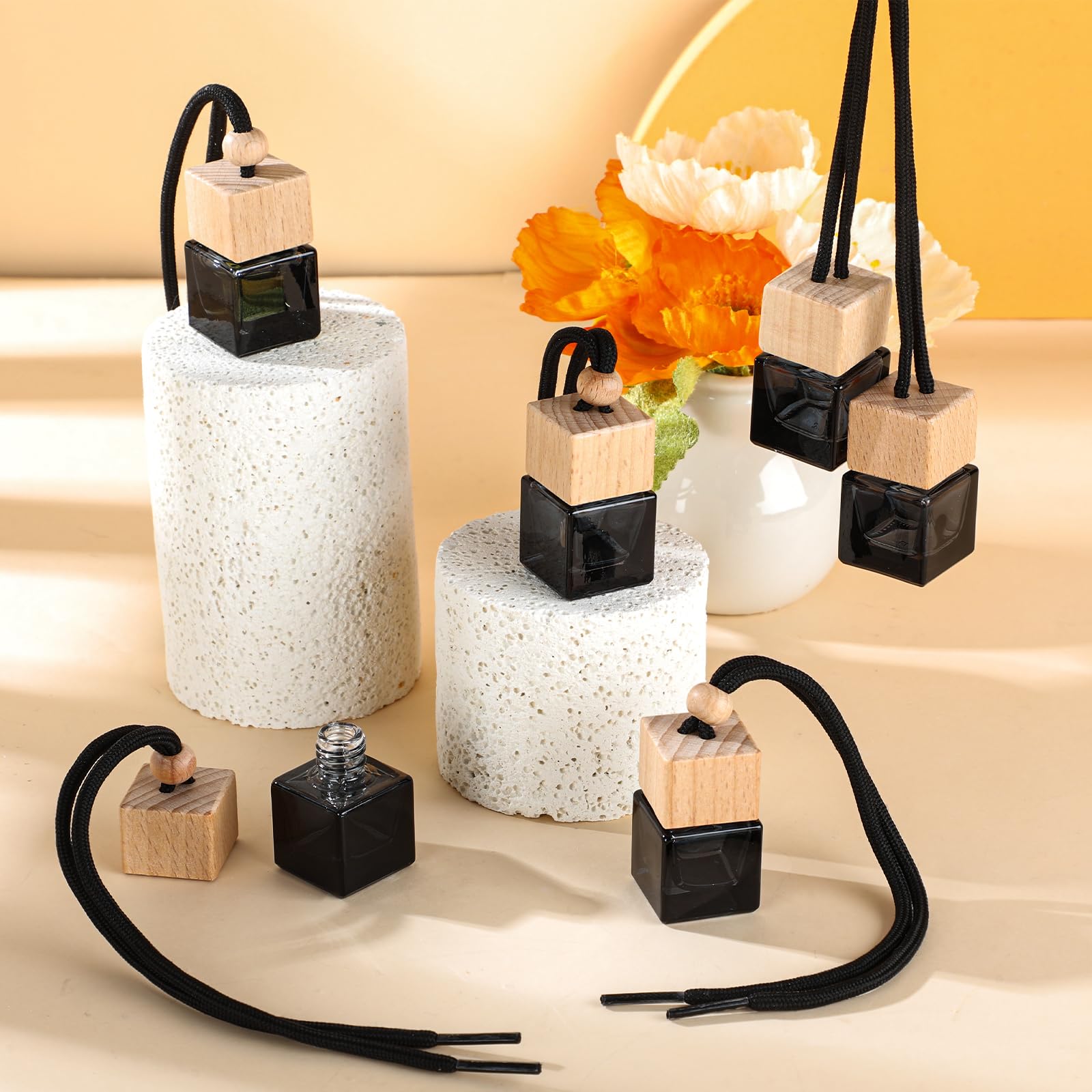 BBTO 50 Pcs Hanging Car Air Freshener Car Diffuser Bottles Empty Glass Perfume Bottle Freshener Diffuser Bottle Pendant for Essential Oil Fragrance Aromatherapy Bottle Ornament (Black,Cube)