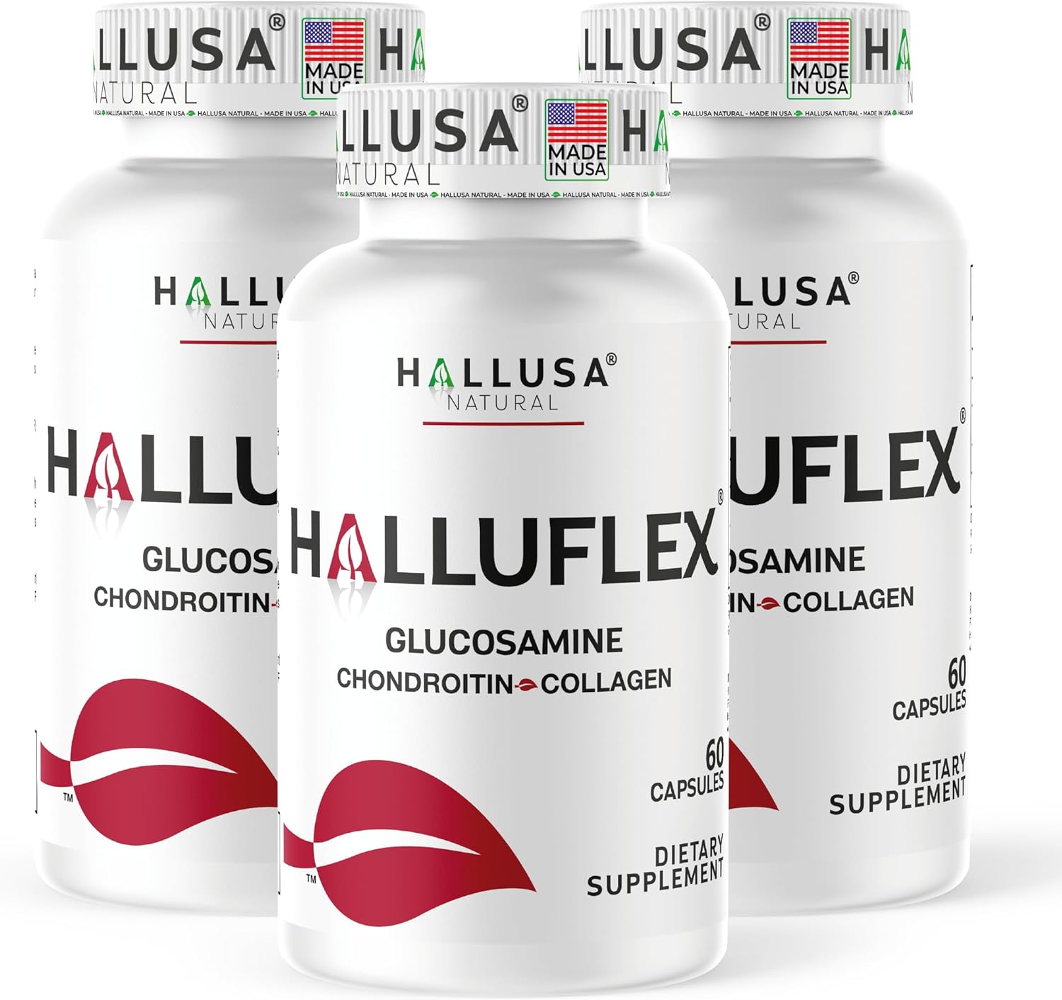 Hallusa Natural Halluflex - Glucosamine Chondroitin, 2250 mg, with Hydrolyzed Collagen 300 mg, 180 Capsules (4 per Serving), Joint Support Supplement for Women & Men - Dietary Supplement