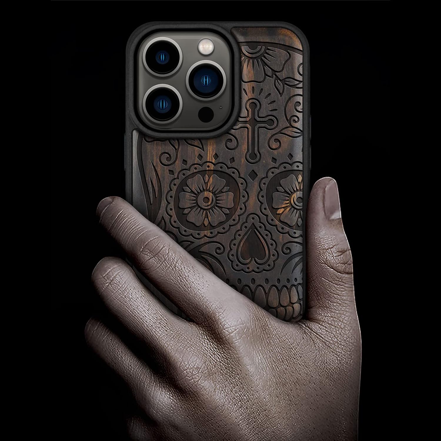 Carveit Magnetic Wood Case for iPhone 14 Pro Case [Natural Wood & Black Soft TPU] Unique & Classy Wooden Shockproof Protective Cover Compatible with magsafe (Sugar Skull -Blackwood)