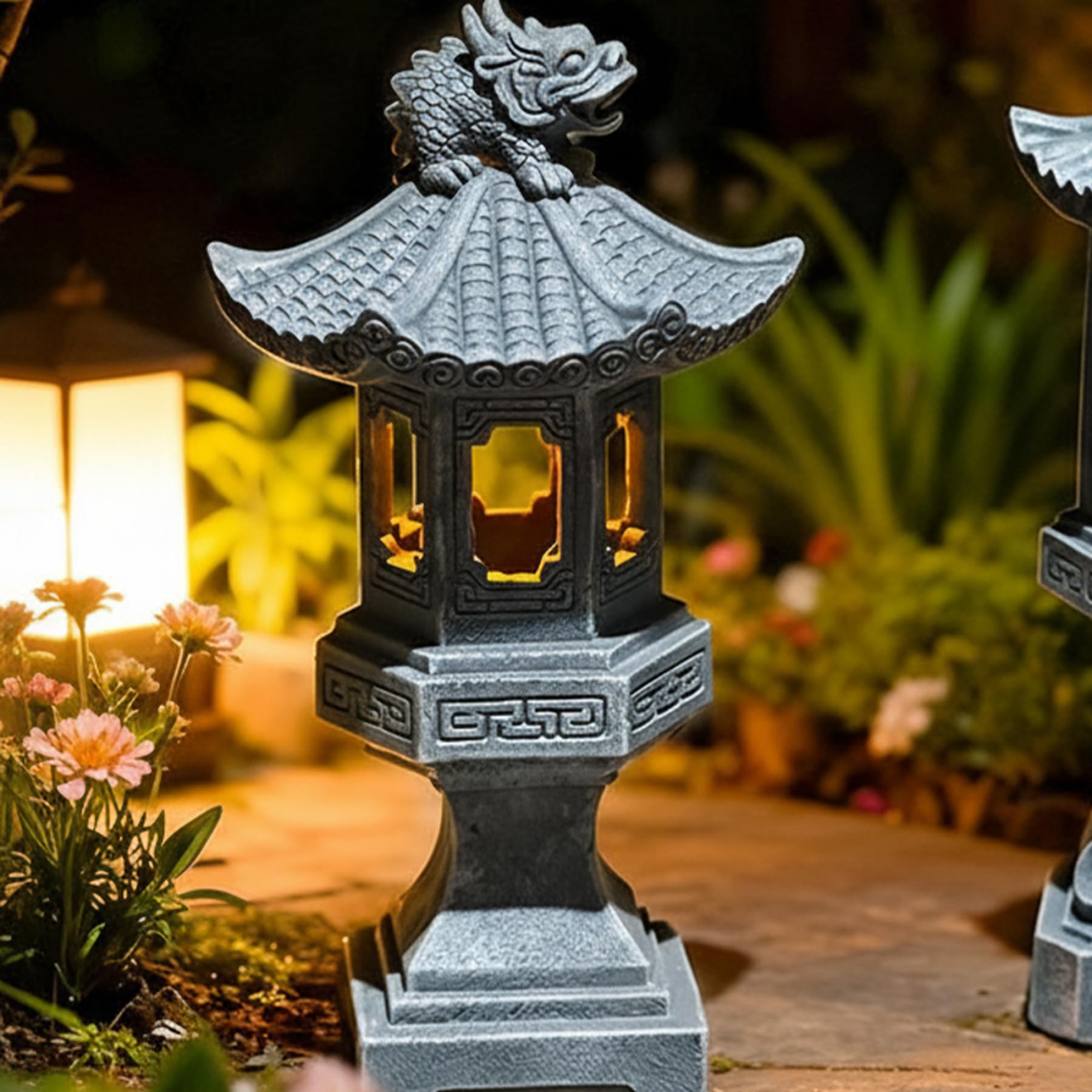 Latemeia Pagoda Garden Statue, 12.6inch Resin Japanese Pagoda Statues with Solar Lights, Waterproof Zen Garden Landscape Lantern, Solar Figurine Lights for Pathway, Yard, Lawn Decorations (Style 1)