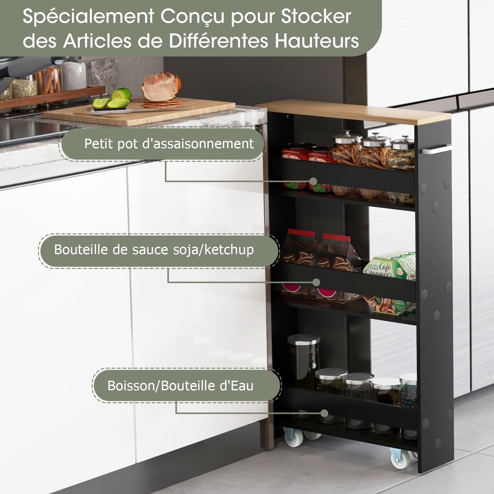 Giantex Chariot de Rangement 13 cm Large, Desserte à roulettes 4 Niveaux avec Poignée, 3 Barres, Meuble Cuisine Etroit, pour Salle de Bain, Salon, 47,5 x 13 x 80,5 cm (Noir+ Naturel)