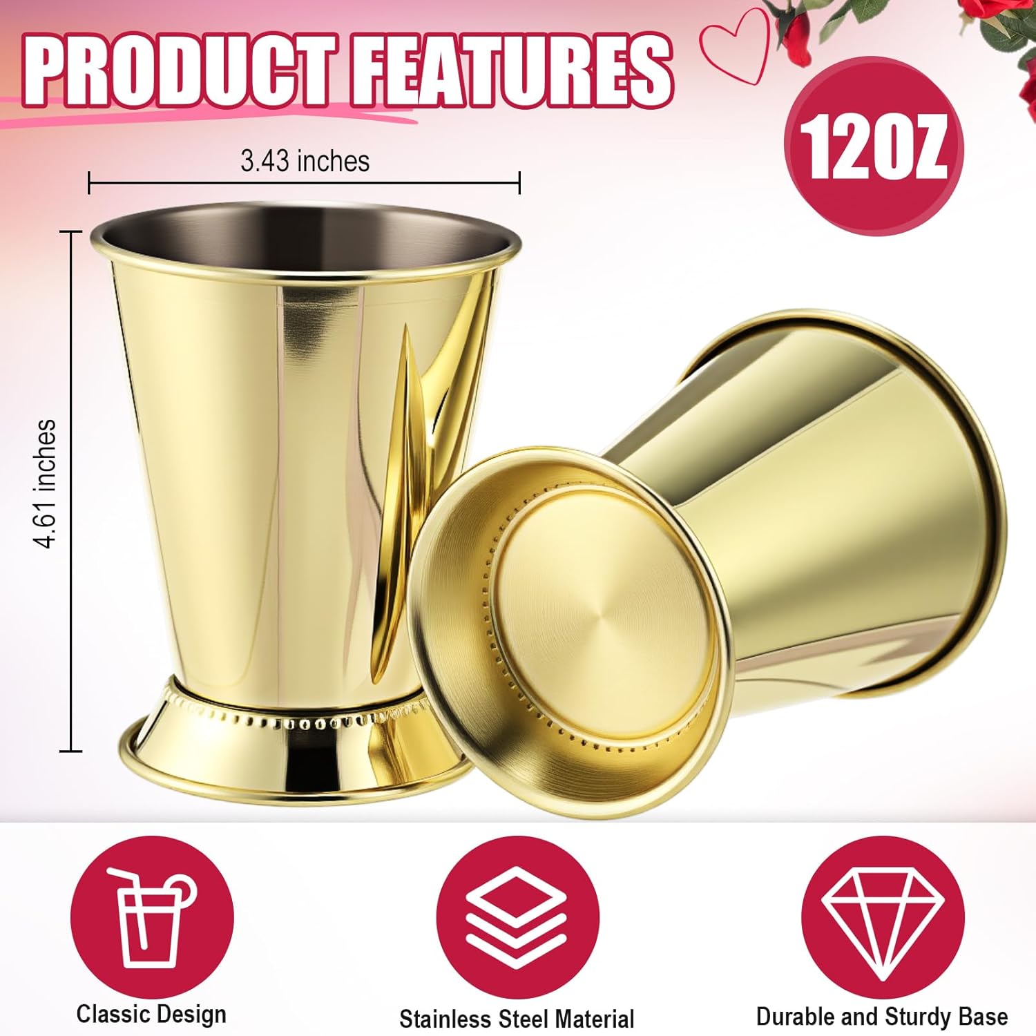 4 Pcs Horse Racing Derby Party Mint Julep Cups with 1 Trophy Flower Urn, Stainless Steel Glasses 12 oz Metal Cocktail Glasses with Compote Vase for Centerpieces for Home Bar(Gold)