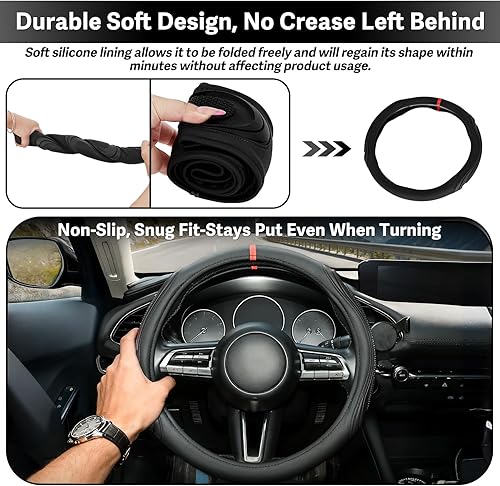 Miniatura 9 de XCBYT Funda para volante de automóvil, funda de cuero de microfibra para volante, color blanco y negro, para fanáticos de los deportes de 14.5 a 15