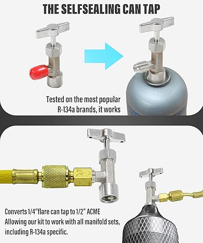 Miniatura 5 de YAKEFLY R134a - Kit de grifo de lata de freón de CA para rellenar sistemas de aire acondicionado automotriz, R134A Autosellado y Punción simple