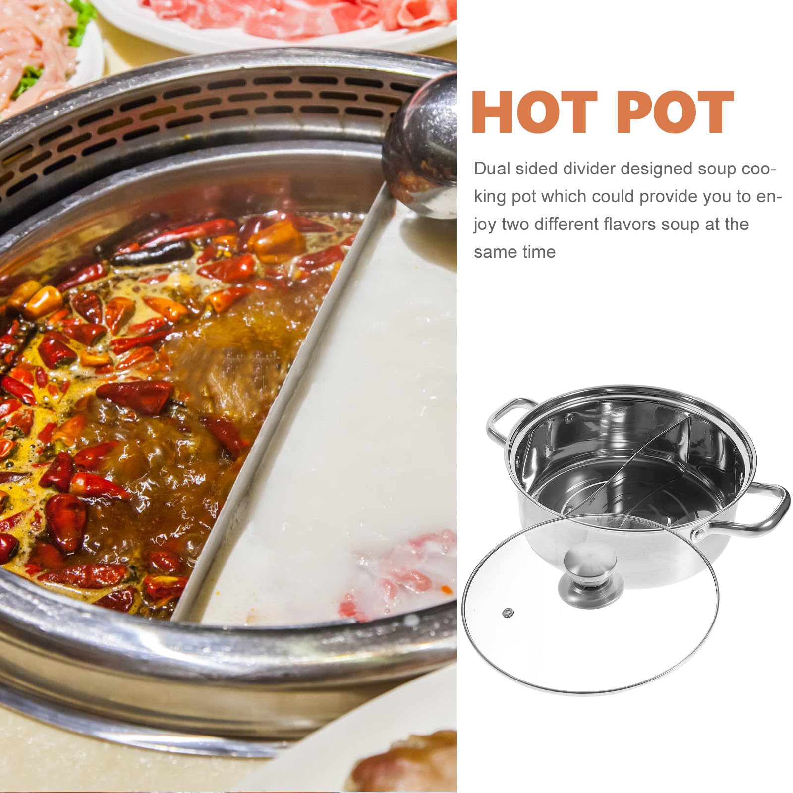 Housoutil Pentola Hot Pot in Acciaio Inossidabile Doppio Divisore, Facile da Pulire di Fattura Fine, Adatta a Cucina a Gas e Induzione