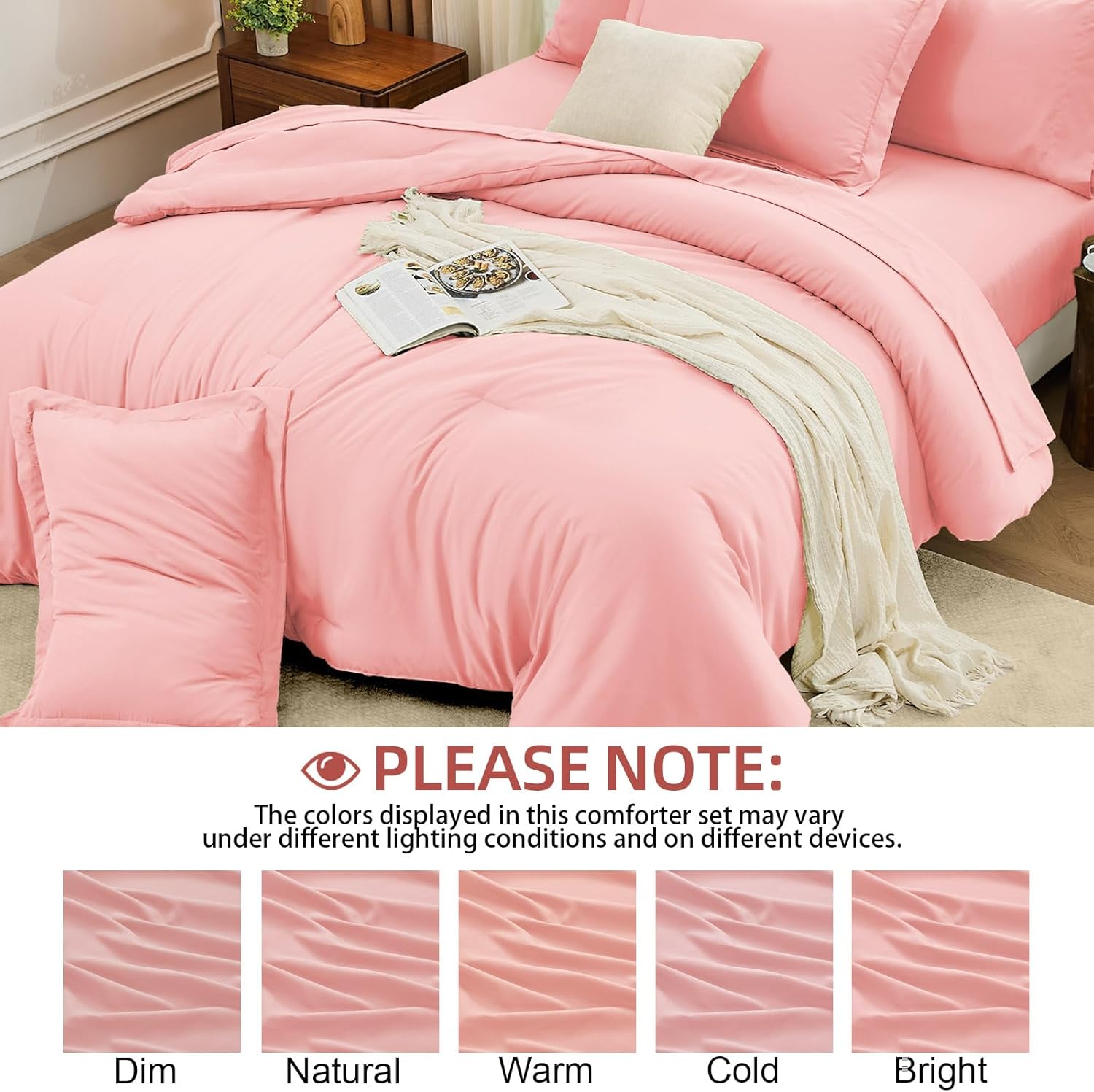 FUANNA Queen Comforter Set Pink, 7 Pieces Soft Bedding Sets Queen Size, All Season Lightweight Bed in a Bag with Comforter, Flat Sheet, Fitted Sheet, Pillowcases & Shams - Image 8