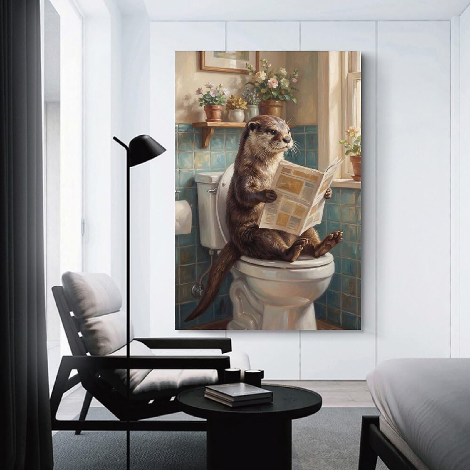 Junmoney Unframe-Style-10 Canvas Wall Decor Otter Reading Newspaper On Toilet, 24X36inch(60X90cm), For Home Lounge, Bedroom Or Reading Nook, Eye Catching Artwork For Blank Walls