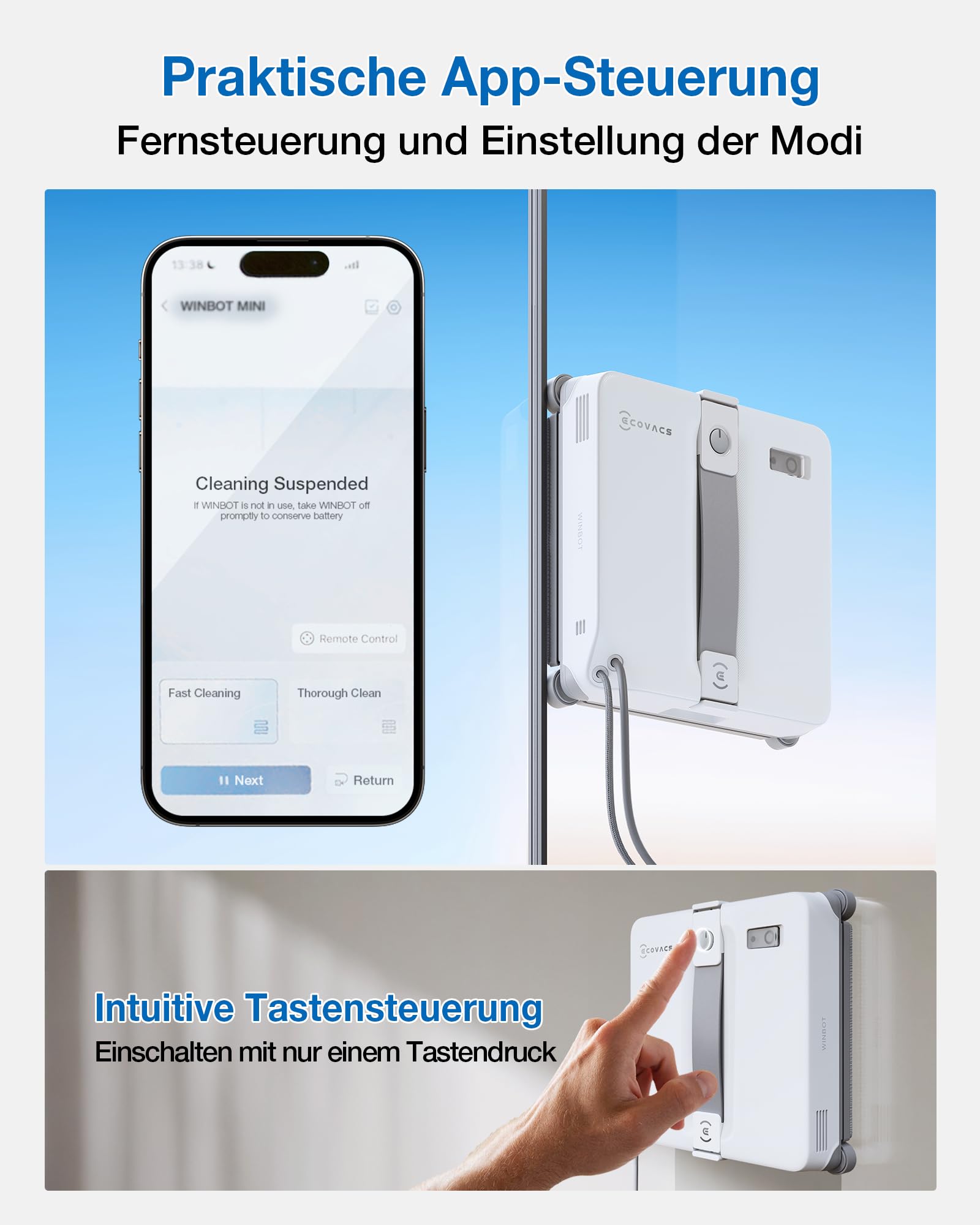 ECOVACS WINBOT Mini 2 Fensterputzroboter mit Eckbürsten & Ultraschallzerstäubung, Ultraschlank & Leicht für Schmale Fenster, Smarte Navigation, 6 App-Modi, 10-Stufiges Sicherheitssystem