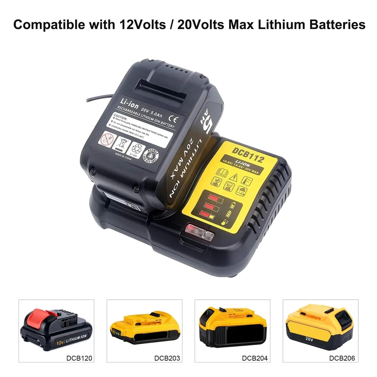 Caricabatterie al litio DCB112 2A compatibile for Dewalt 10,8 V 12 V 14,4 V 18 V 20 V DCB206 DCB205 DCB204 DCB203 DCB120, DCB107 DCB115 DCB105(AU)