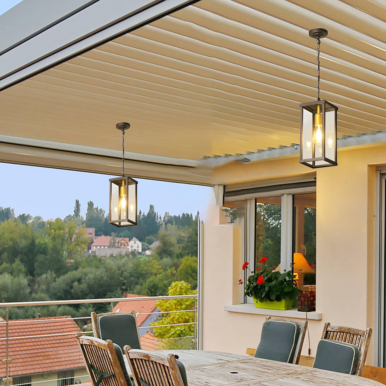XINYASEE Farol Colgante de Techo Exterior,Lámpara colgante sencilla de un cabezal de aluminio fundido con cristal,E27 Lámpara de Techo para Jardín Terraza Balcón,Patio e interior (Altura: 37 cm)
