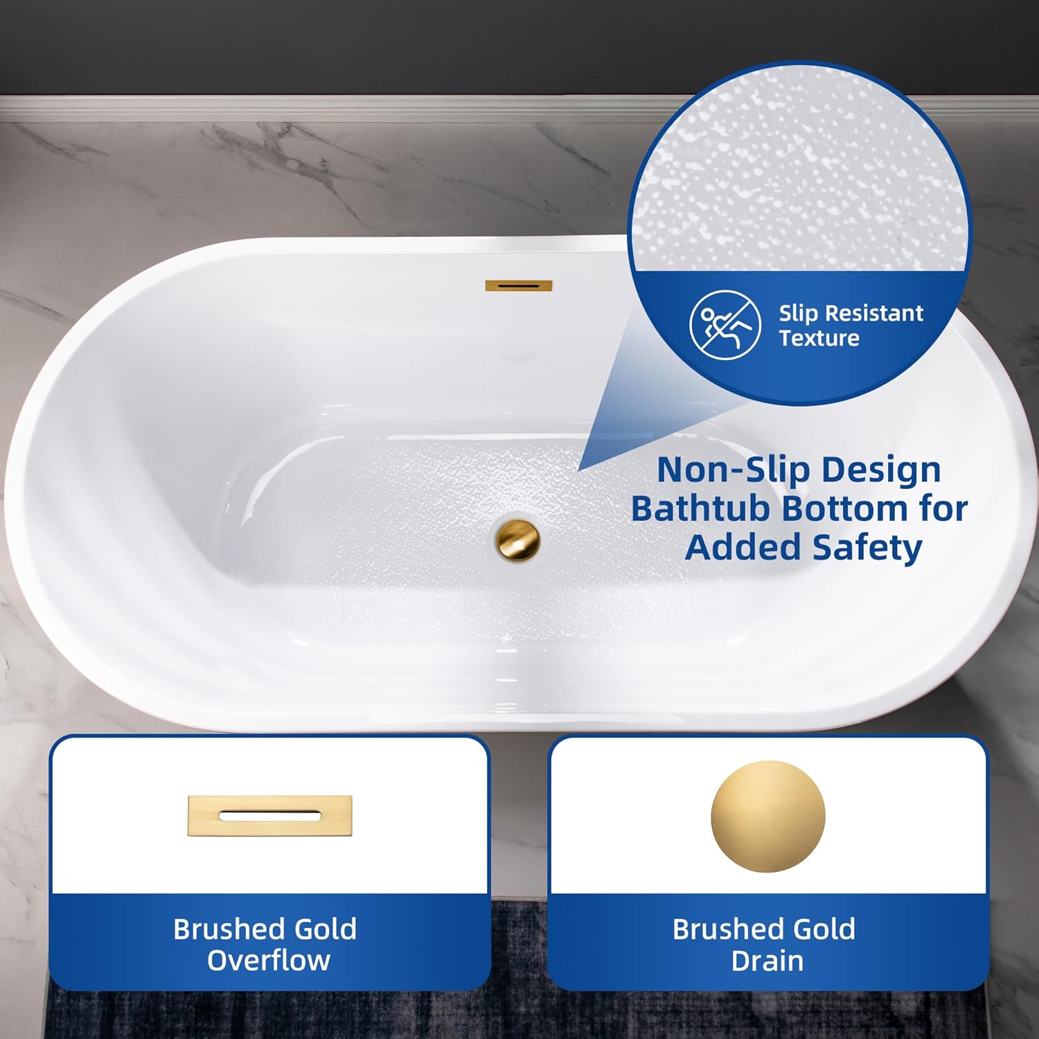 WOODBRIDGE 59" Freestanding White Acylic Soaking Bathtub with Brushed Gold Drain and Overflow, BTA1514-BG